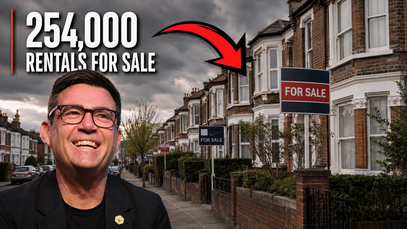 Aren Deu beside UK terraced houses and for sale signs with the text 254,000 rentals for sale