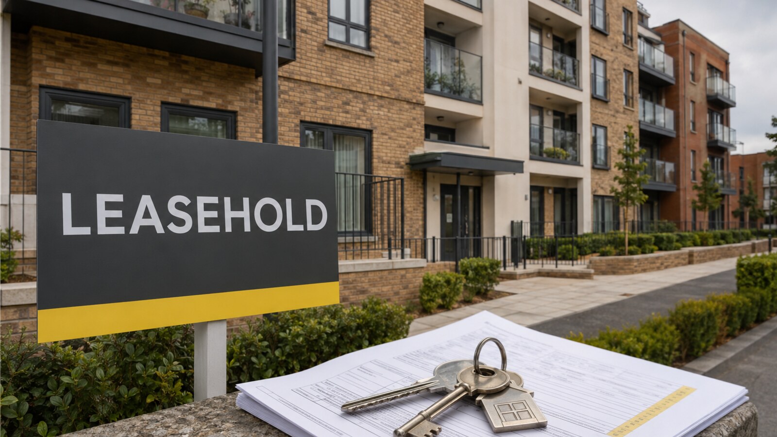 Modern UK leasehold flats with property keys, documents and a leasehold sale sign